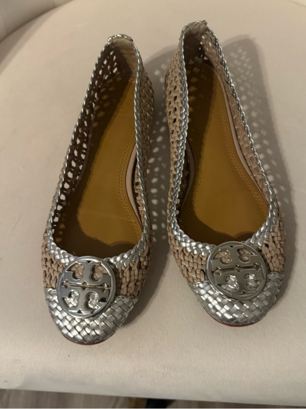 Tory Burch Silver & Beige Woven Logo Ballet Flats